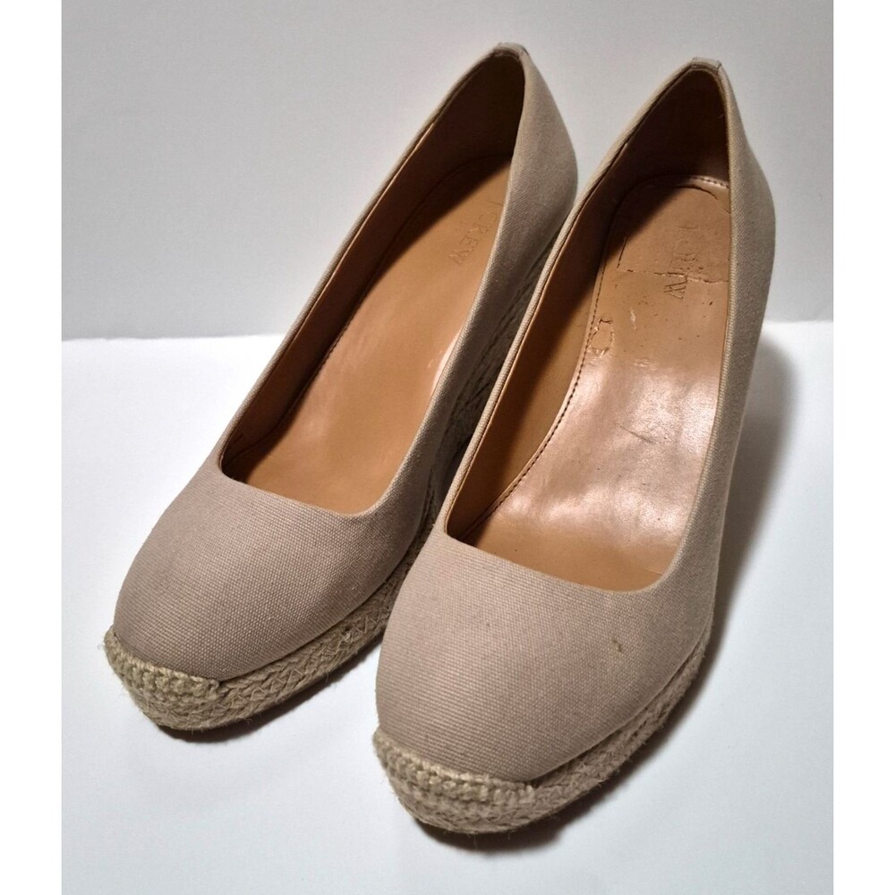J. CREW Beige Round Toe Slip-On Canvas Espadrille Jute Wedge Heels Size 9